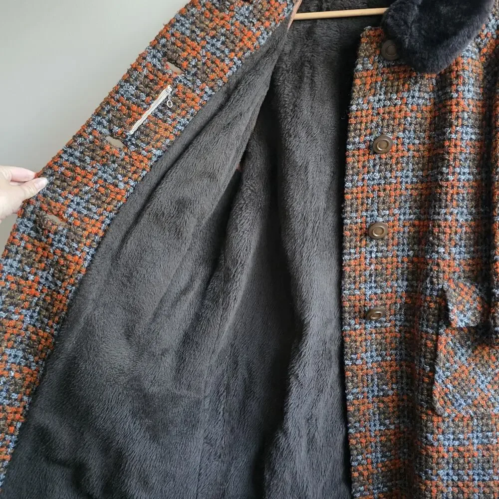 VTG‎ 1950's Womens Tweed Full Length Orange Brown Overcoat LG Heritage Old Money
